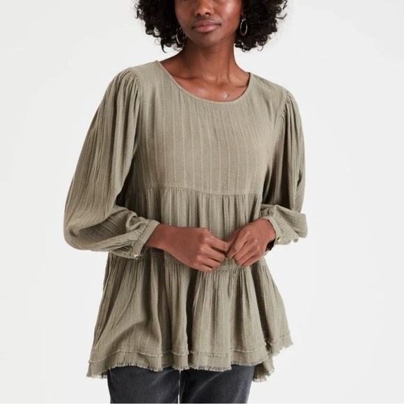 American Eagle Womens S Olive Green Tiered Babydoll Long Sleeve Boho Top - Picture 2 of 12